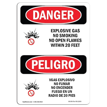 OSHA Danger, Explosive Gas No Smoking 20 Feet Bilingual, 14in X 10in Decal